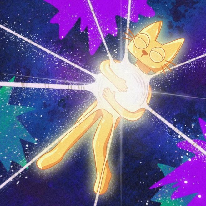 An illustration of a stylized orange cat with a white belly floating serenely against a starry purple and blue cosmic background, with bright light rays radiating from its body.