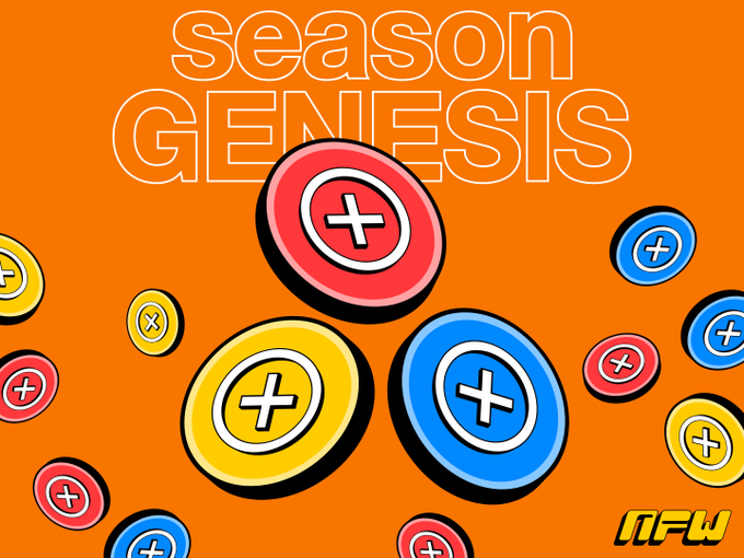 Vibrant orange cover art for "season GENESIS" featuring bold red, yellow, and blue circular tokens marked with plus symbols, with the "NFW" ticker logo in the corner—visually echoing the post's message about launching the $NFW token for ecosystem participants.
