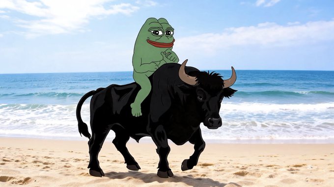 Meme image of Pepe the Frog riding a black bull on a beach with the ocean in the background, referencing crypto market symbolism.