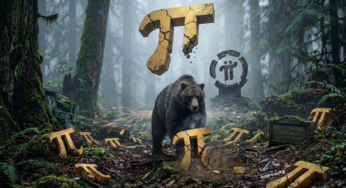 A grizzly bear stands amid a misty forest littered with crumbling golden Pi (π) symbols, visually echoing the post's metaphor of $Pi Network bleeding slowly under retail's patience. A weathered gravestone reads "SPINETWORK THE GAILED ECOSYSTEM," reinforcing the post's critique that unfulfilled ecosystem news is failing to drive buy pressure.