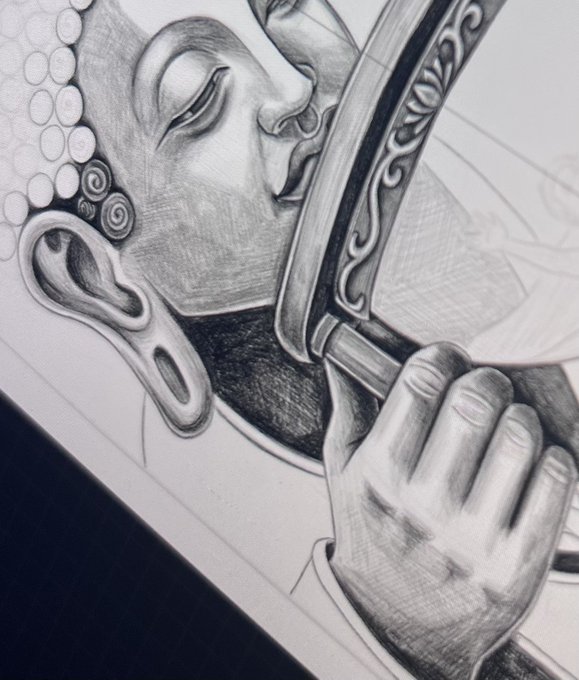 A detailed pencil drawing of a serene Buddha figure holding an ornate sword or staff, with intricate spiral patterns in the hair and highly realistic shading throughout.
