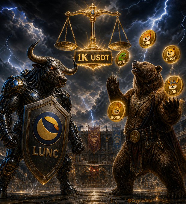 A fantasy digital artwork depicts a battle between a mechanical bull warrior holding a 'LUNC' shield and a bear surrounded by meme coins including SHIB, PEPE, DOGE, FLOKI, and BONK, with a scale weighing '1K USDT' overhead.