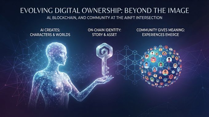 An infographic titled 'EVOLVING DIGITAL OWNERSHIP: BEYOND THE IMAGE' showing a digital figure alongside sections labeled 'AI CREATES: CHARACTERS & WORLDS', 'ON-CHAIN IDENTITY: STORY & ASSET', and 'COMMUNITY GIVES MEANING: EXPERIENCES EMERGE'.