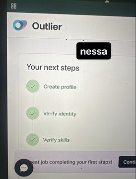 The image shows a computer screen displaying an Outlier account page with a green checkmark next to "Verify identity" and a list of steps for verifying one's identity, including creating a profile and verifying identity. The text indicates that the user has successfully onboarded this account today, as it was completed within 3 days.