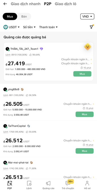 Vietnamese-language P2P cryptocurrency trading interface showing USDT buy/sell listings from various sellers including ThẦN_TAI_247_Team1, ying69o9, and TaiThanCapital with prices around ₫27,419.