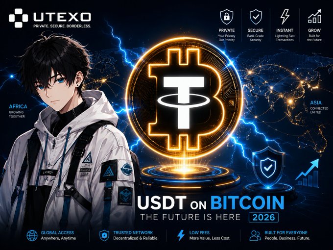The image is a promotional graphic for UTEXO featuring an anime-style character in a white tech jacket beside a glowing orange Bitcoin symbol with the USDT (Tether) logo overlaid, set against a world map highlighting Africa, Asia, and global connectivity, with the bold text "USDT ON BITCOIN — THE FUTURE IS HERE 2026."

The graphic visually supports the post's message by depicting the merging of USDT (Tether) with Bitcoin's network as a futuristic, borderless, and secure advancement, emphasizing key selling points like "PRIVATE," "SECURE," "INSTANT," and "GROW" — all aligning with the post's claim that 2026 marks a defining year for the stablecoin's evolution onto Bitcoin.