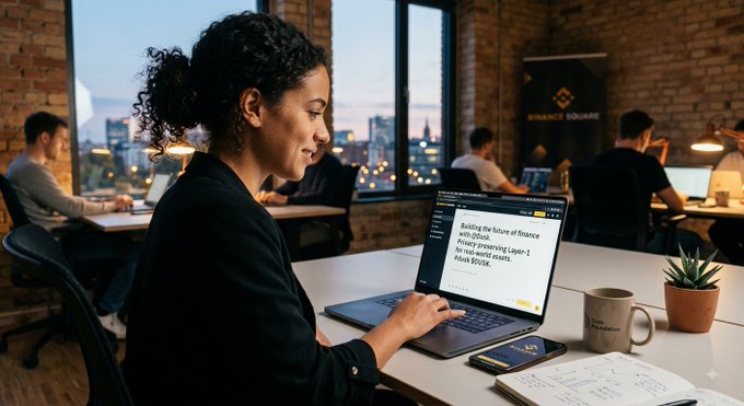 A woman works on a laptop in a modern co-working space, with the screen displaying text about "Building the future of finance with @Dusk - Privacy preserving Layer-1 for real-world assets - Kiosk $DUSK." The image visually reinforces the post's message by depicting a focused professional engaged with Dusk Foundation's privacy-focused blockchain technology for real-world asset tokenization.
