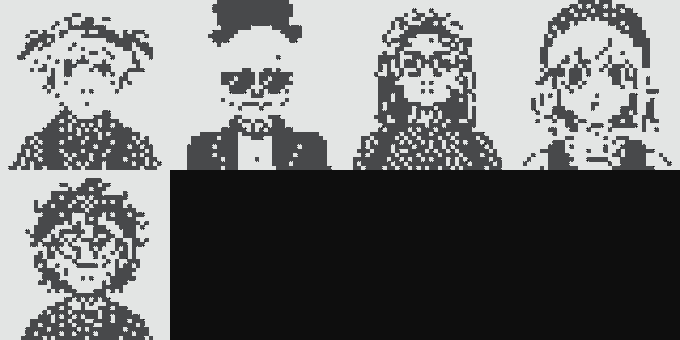 Pixel art portraits of five characters in grayscale, arranged with four in a row and one below on the left.