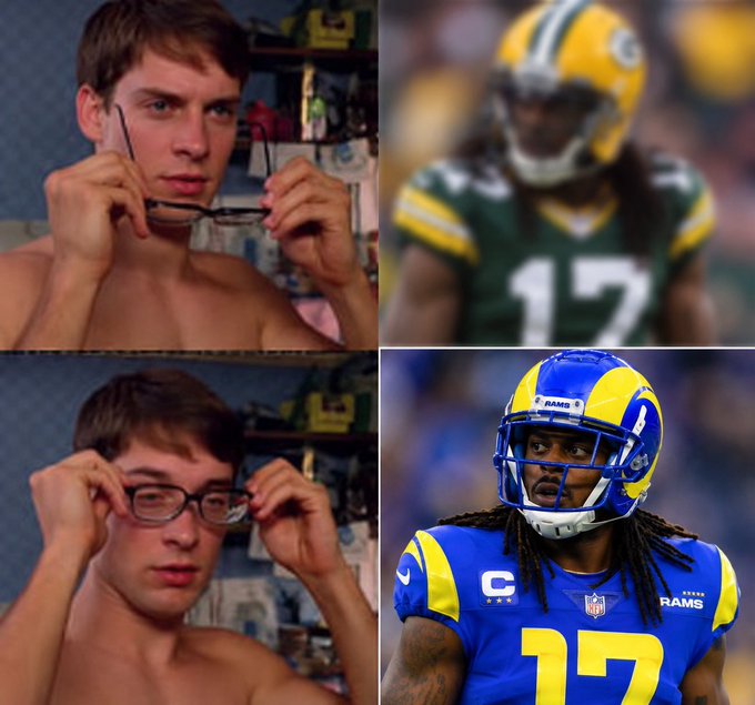 A four-panel meme comparing a young man without glasses looking unimpressed to NFL player Davante Adams (#17) of the Green Bay Packers and Los Angeles Rams.