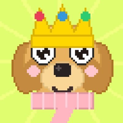 A pixel art illustration of a brown dog wearing a golden crown with red, blue, and green jewels, set against a yellow-green background with a pink striped element below.