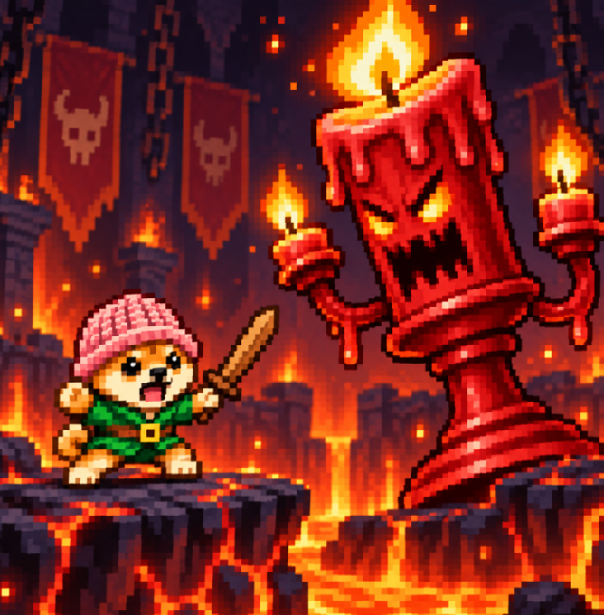 A pixel art illustration showing a small dog wearing a pink beanie and green tunic, wielding a sword against a giant red, flaming candle monster in a fiery dungeon setting.