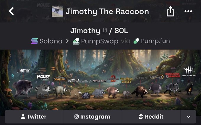 A DEX listing page for the memecoin "Jimothy The Raccoon" (JIMOTHY/SOL) on Solana via PumpSwap and Pump.fun, showcasing an elaborate illustrated banner of various woodland creatures including Jimothy alongside other notable memecoin characters like Mouse, Mr. Miggles, Toshi, and Dungeons Dragons. The post celebrates the artist behind the new DEX banner artwork for the $Jimothy token.