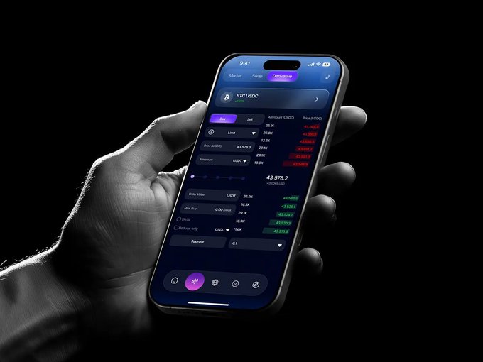 A black and white photo of a hand holding a smartphone displaying a cryptocurrency trading app showing 'BTO/USDC' with a price of 43,578.2 and various buy/sell order values.