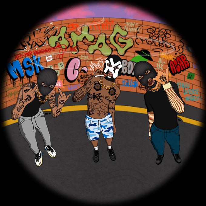 A cartoon-style illustration viewed through a sniper scope vignette, depicting three masked gang members in front of a graffiti-covered brick wall with tags like 'MSK' and 'ASAP'.