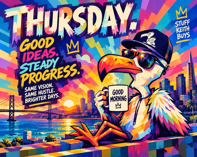 A vibrant pop-art style illustration featuring an anthropomorphic bird/eagle wearing sunglasses and a cap holding a 'GOOD MORNING' mug, with 'THURSDAY - GOOD IDEAS. STEADY PROGRESS. SAME VISION. SAME HUSTLE. BRIGHTER DAYS.' and 'STUFF KEITH BUYS' branding, set against a San Francisco cityscape.