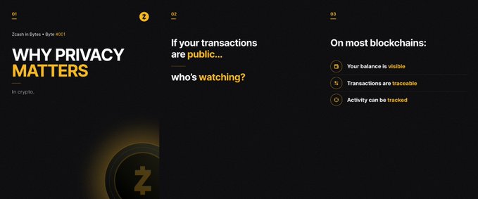 The image shows a black background with white text that reads "Why Privacy Matters in Crypto". Below the title, there are three bullet points explaining why privacy matters in the context of cryptocurrency. The first point states that if your transactions are public, then your private information is at risk. The second point explains that most blockchain transactions are public and can be traced back to their origin. The third point highlights how activity on a blockchain can be used against you by malicious actors.