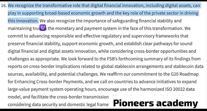 A text excerpt from a G20 Finance Ministers and Central Bank Governors statement that explicitly recognizes the "transformative role that digital financial innovation, including digital assets, can play in supporting broad-based economic growth" and emphasizes "the key role of the private sector in driving this innovation," directly supporting the post's claim about the G20's official stance on digital assets.