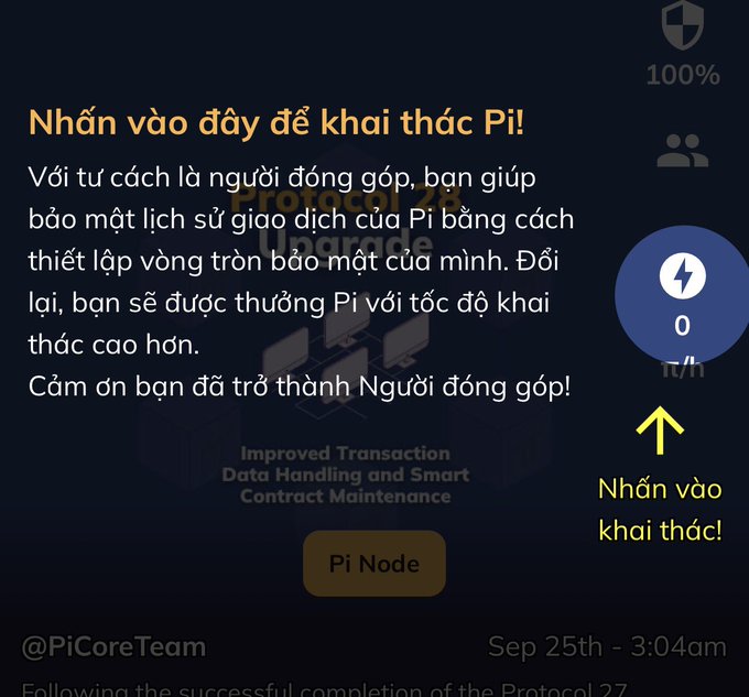 A Vietnamese Pi Network promotional graphic titled 'Nhấn vào đây để khai thác Pi!' (Click here to mine Pi!) with a lightning bolt icon and a button labeled 'Pi Node', credited to @PiCoreTeam from Sep 25th.