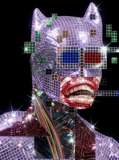 A glittery, disco-ball mosaic portrait of a bored ape wearing iconic 3D glasses, composed entirely of pixelated square tiles against a black background. The image reflects the user's enthusiasm for R3ORDR's distinctive pixel-art NFT style, which they've adopted as their profile picture.