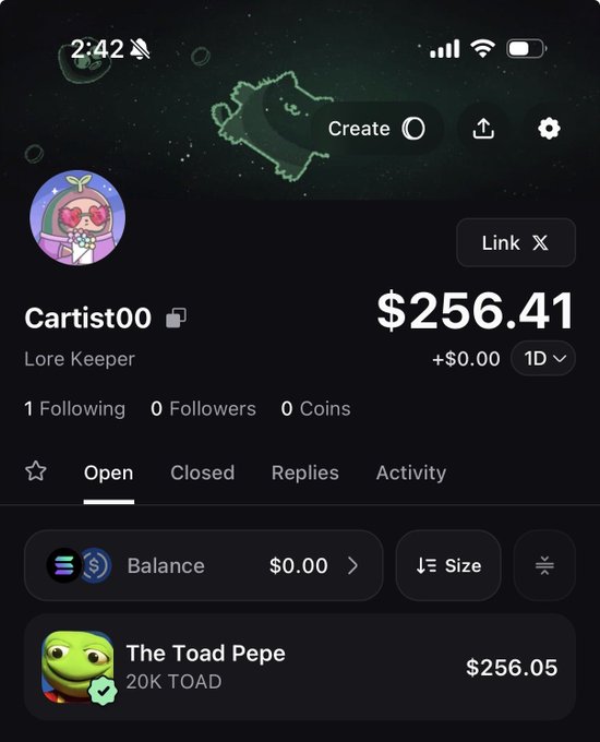 Mobile app screenshot of a trading platform showing user 'Cartist00' (Lore Keeper) with $256.41 balance, holding 'The Toad Pepe' position worth $256.05 (20K TOAD).