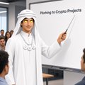A person in white traditional Middle Eastern attire and headdress points to a presentation screen that reads 'Pitching to Crypto Projects'.