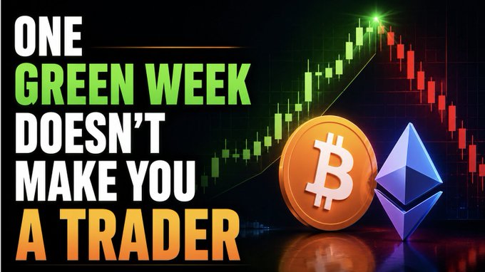 A dramatic financial image showing a candlestick price chart with a rising trend followed by a sharp decline, alongside Bitcoin and Ethereum coin icons, with bold text reading "ONE GREEN WEEK DOESN'T MAKE YOU A TRADER." The visual illustrates the post's warning about overconfidence after a winning streak, as the chart depicts how a profitable run can quickly reverse—reminding traders that success over a single week doesn't equate to true market mastery.