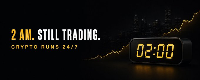 An advertisement displays a glowing digital clock showing '02:00' next to a rising stock-style graph, with the text '2 AM. STILL TRADING.' and 'CRYPTO RUNS 24/7' against a dark city skyline.