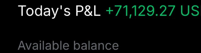 A trading screen displaying 'Today's P&L +71,129.27 US' in bright green text above 'Available balance' on a black background.