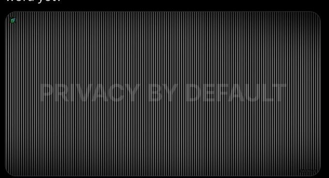 A dark, minimalistic graphic with vertical pinstripes and faint text reading 'PRIVACY BY DEFAULT' with a small status indicator in the top-left corner.