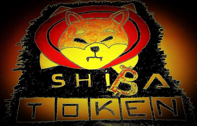 A stylized graphic featuring a Shiba Inu dog head with the text 'SHIBA TOKEN' displayed in gold lettering against a dark background with red accents.