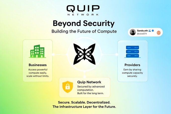 In this image, a poster or infographic displays a diagram of the Quip Network's security protocols. The network architecture has three distinct components: businesses (represented by green buildings), providers ( represented by black buildings), and scalability (represented by white flowers). Each component is connected with a line to demonstrate how they are interconnected within the network structure.

The poster also includes a statement about Quip Network's focus on building the future of Compute, indicating their commitment to advancing their infrastructure for innovative applications beyond traditional security measures.