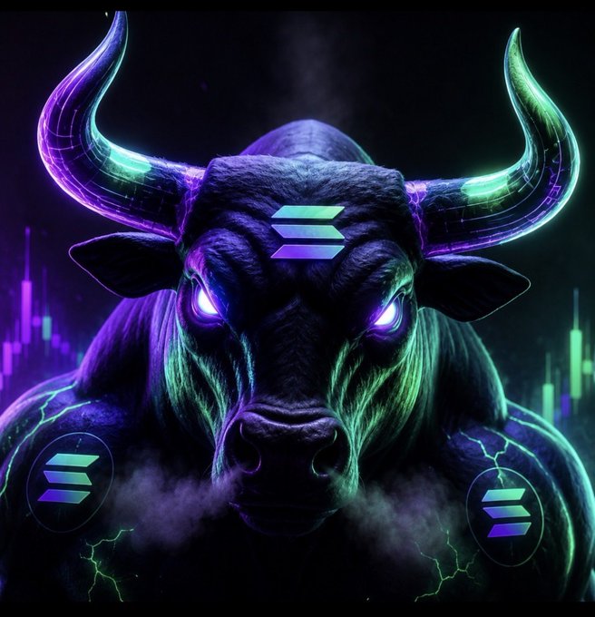 A digital artwork of a powerful bull with glowing purple and green neon horns and eyes, featuring Solana (SOL) logos on its forehead and shoulders against a dark background with lightning effects.
