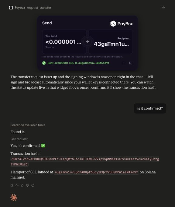 A Paybox transaction confirmation showing a successful transfer of <0.000001 SOL to recipient address 43gaTmn1u... with a green confirmation checkmark, transaction hash 6DkY4T2h2NaPk8Cqh0K5m3PFYJ1XpQMYST6nimFTEmKJ9V1p1SpNNeW1kGYc3Cz4st9cs24AXyShzgtyKkxHQ26, and confirmation that 1 lamport of SOL landed on Solana mainnet.