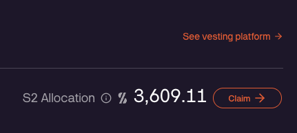 The image displays a section from the Solstice Finance Season 2 (S2) airdrop allocation checker, showing a claimable allocation of 3,609.11 tokens (likely FLARE) with a "Claim" button, alongside a "See vesting platform →" link at the top. This corresponds to the announcement that the Solstice Season 2 Airdrop Allocation Checker is now live for users to view and claim their rewards at app.solstice.finance/earn-flares.