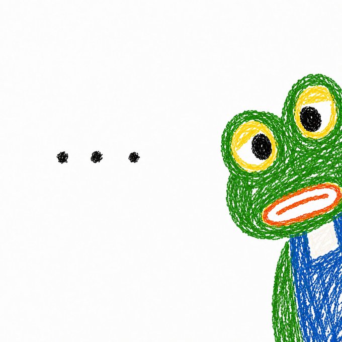 A child's crayon-style drawing of a green frog with large yellow eyes looking at three black dots on a white background.