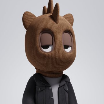 A 3D-rendered cartoon character with a brown knitted-textured head, sleepy eyes, small horns and ears, wearing a dark jacket against a gray background.