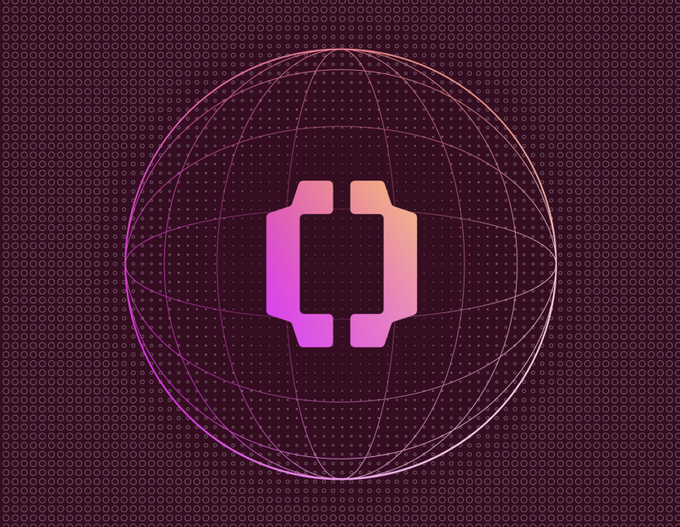 The image features a stylized logo of two curly braces `{ }` in a pink-to-orange gradient, centered inside a wireframe globe against a dark purple dotted background — a fitting visual nod to "code meets global finance." It pairs with a post highlighting major partnerships between Ripple, BlackRock, Visa, and Google to build "Open USD" on-chain, with XRP positioned as the bridge asset for trillions in cross-border payment liquidity.