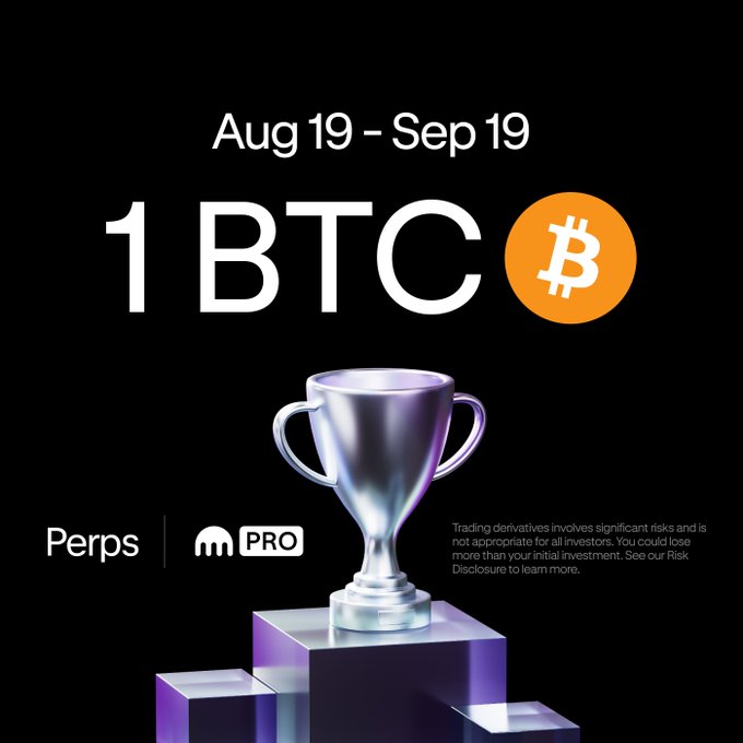 A promotional graphic featuring a silver trophy on a podium against a black background announces a trading competition from Aug 19 – Sep 19 with a prize of 1 BTC, sponsored by Kraken's Perps platform and PRO app. A Bitcoin logo sits beside the "1 BTC" headline, with a risk disclosure noting the event is for eligible traders.