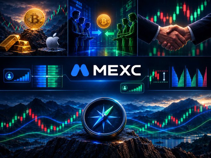 A promotional graphic for the MEXC cryptocurrency exchange featuring Bitcoin and Apple logos, gold bars, a compass, stock charts, and a handshake against a mountain landscape.