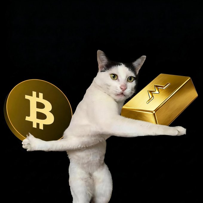 In this digital illustration, there's a cat wearing human-like clothing with a pair of headphones attached to its ears. The cat appears to be holding two Bitcoins in one hand and a gold bar or bar of gold in the other. 
The image is associated with a Twitter account called "MGBX!", which has been tagged with the hashtag #tradefi, suggesting a connection between the virtual world of cryptocurrency trading and the whimsical scenario depicted by the cat.
