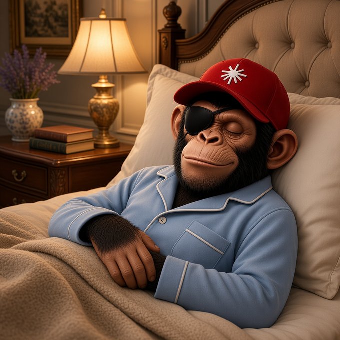 A digital illustration of a chimpanzee sleeping in a bed, wearing blue pajamas and a red cap with a white star design, with an eyepatch over one eye. The bedroom features a lamp, a vase of lavender, and books.