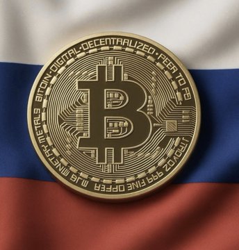 A physical Bitcoin token sits atop the Russian flag, symbolizing the claim that a top Putin advisor has accused the U.S. of using Bitcoin ("BITCOIN • DIGITAL • DECENTRALIZED • PEER TO PEER") to reset the global financial system and erode its national debt.