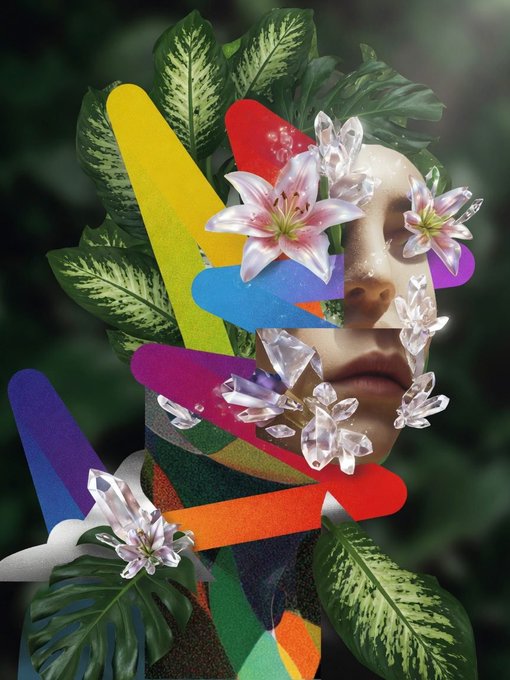 A surreal digital collage featuring a woman's face partially obscured by colorful geometric shapes, crystals, and lilies against a backdrop of lush green tropical leaves.
