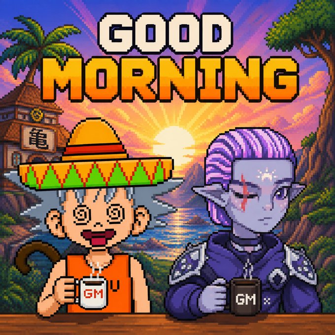 A vibrant pixel-art "Good Morning" graphic features a character in a sombrero holding a "GM" mug next to a purple-haired figure, with the Dragon Ball 'Kame House' visible in the background.