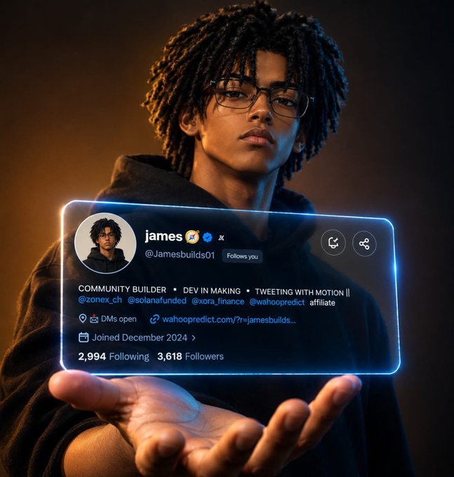 A young man with dreadlocks and glasses holding out his hand with a glowing holographic Twitter/X profile card displayed above it, showing the handle "@Jamesbuilds01" and details like "COMMUNITY BUILDER" and "DEV IN MAKING".