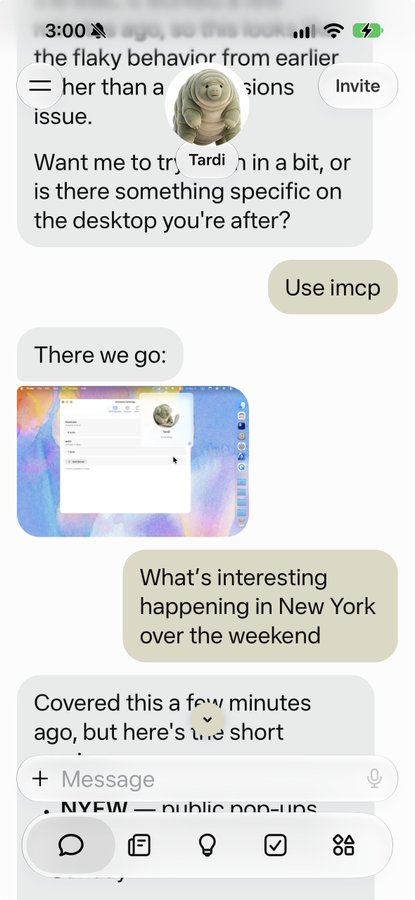 A screenshot of a mobile chat interface shows a conversation about books and Tardis, a suggested action 'Use imcp', and a user's message asking about weekend events in New York.