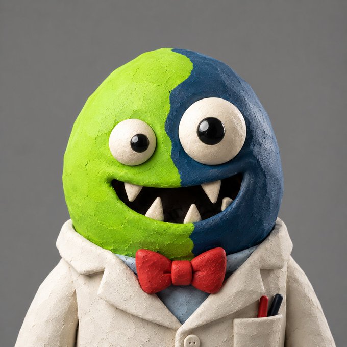 A claymation-style character with a round green and dark blue head, big googly eyes, sharp teeth, a red bow tie, and a white lab coat with pens in the pocket.