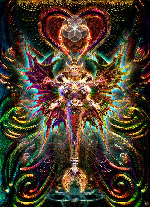 A vibrant, symmetrical AI-generated artwork featuring a winged, ethereal female figure at the center, surrounded by ornate, swirling patterns and a glowing heart shape at the top.