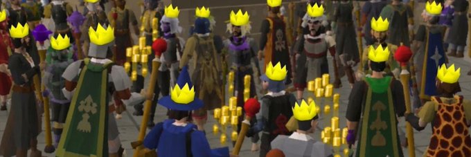 A crowd of low-poly RuneScape characters wearing yellow crowns, with many holding red balls amid scattered gold bars, represents the banner for the Solana token $YELLOW on Moby.