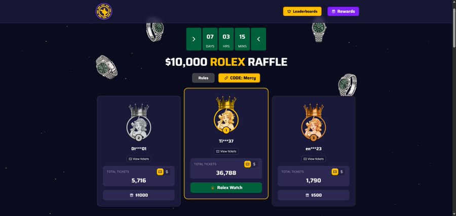 Screenshot of a '$10,000 ROLEX RAFFLE' webpage showing a countdown timer of 07 days, 03 hrs, 15 mins and ticket purchase options including a 'Rolex Watch' for $5000.